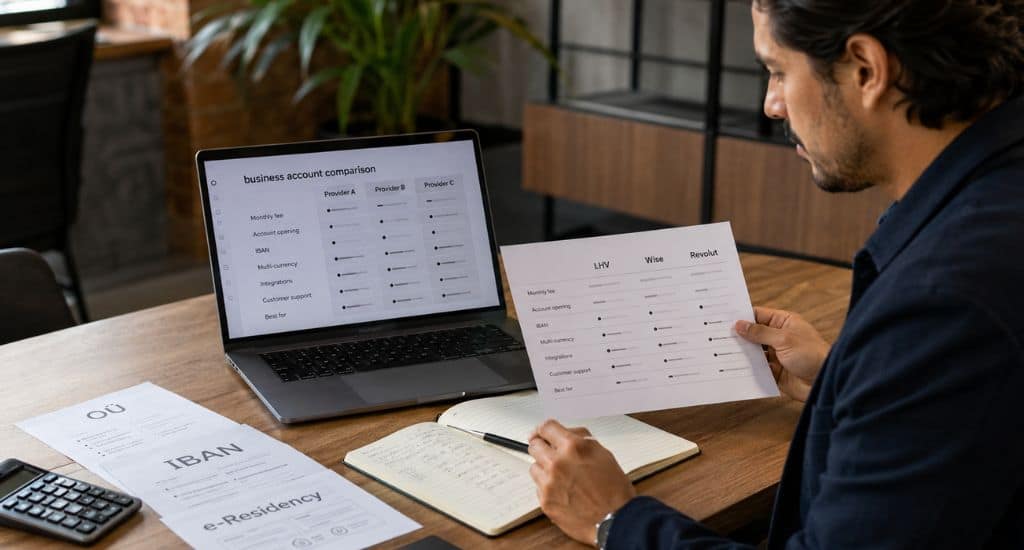 Emprendedor hispano comparando bancos para empresa en Estonia con e-Residency