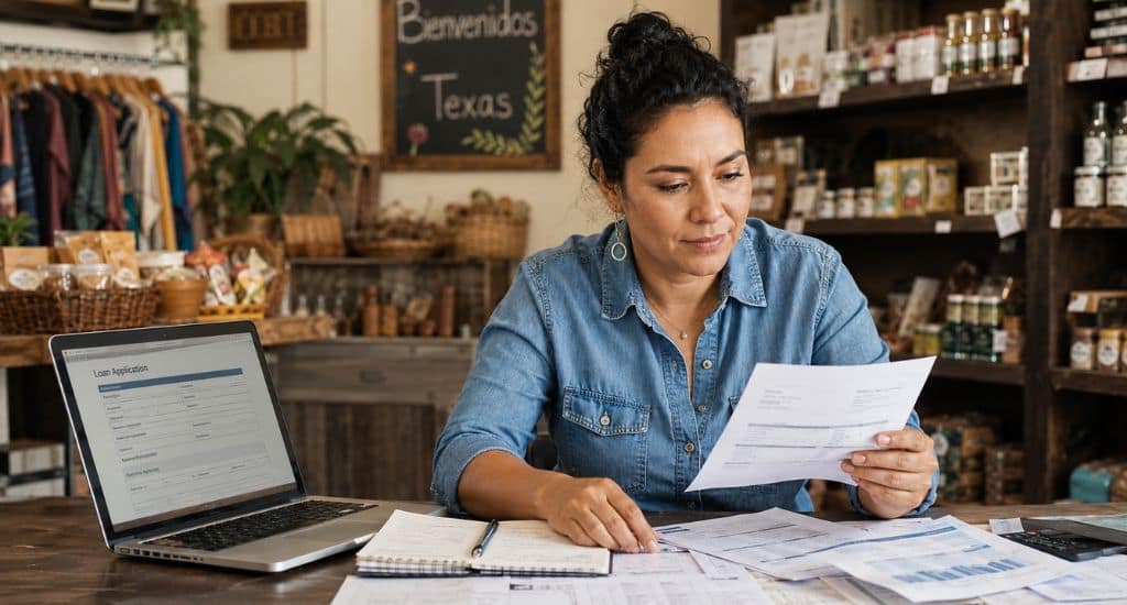 Dueña de negocio hispana en Texas revisando documentos financieros, ITIN y opciones de préstamo para su pequeña empresa.