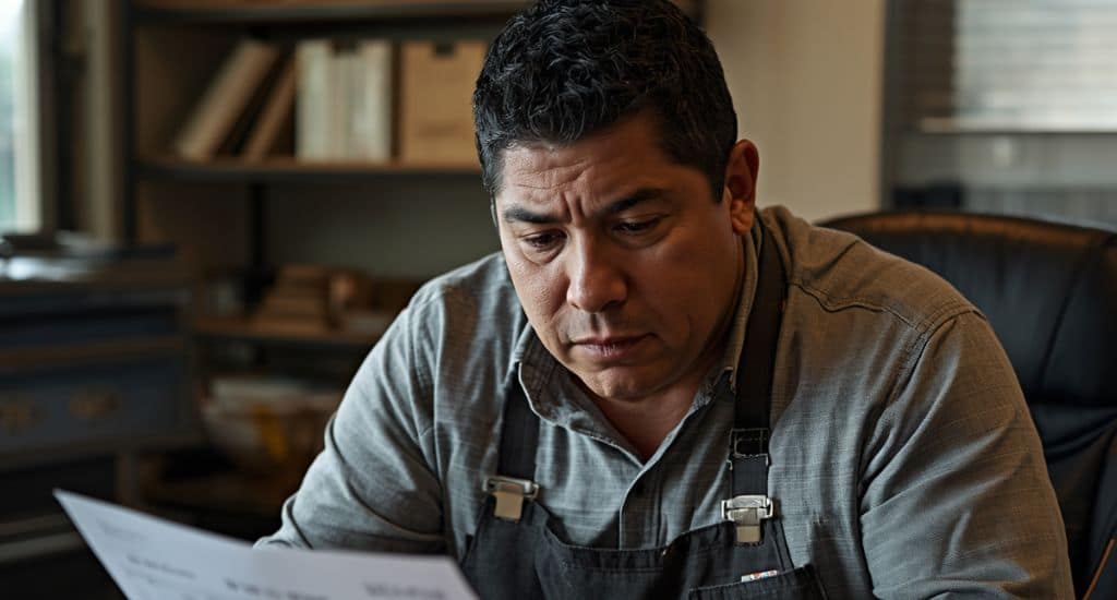 Trabajador hispano en Texas revisando su cheque de pago y horas trabajadas para calcular salario mínimo y overtime.