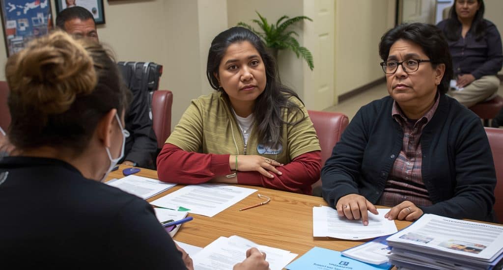 Familia hispana en Texas recibiendo orientación de una asesora legal de inmigración en una oficina comunitaria.