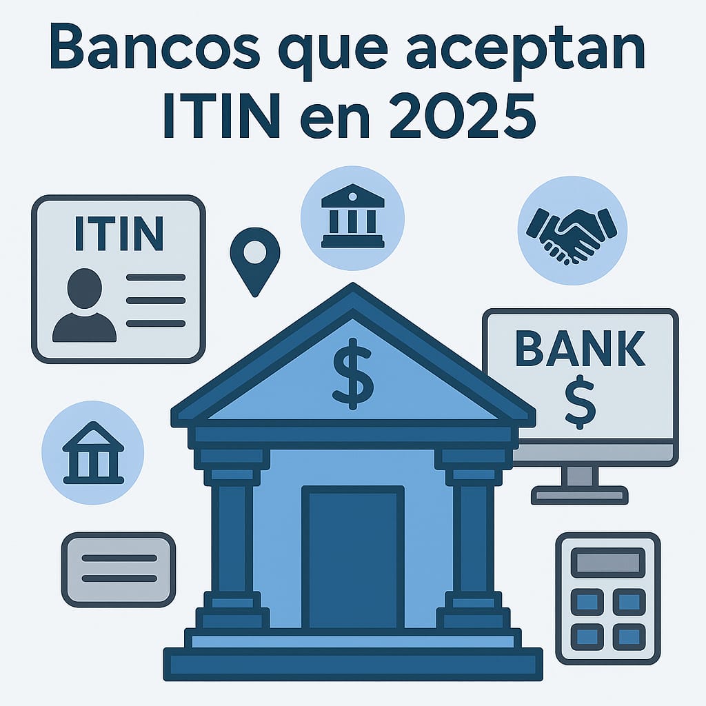 Infografía en tonos azul y gris con un edificio bancario, una tarjeta ITIN, iconos de ubicación, manos estrechándose, monitor con la palabra BANK y una calculadora, representando bancos que aceptan ITIN en Estados Unidos