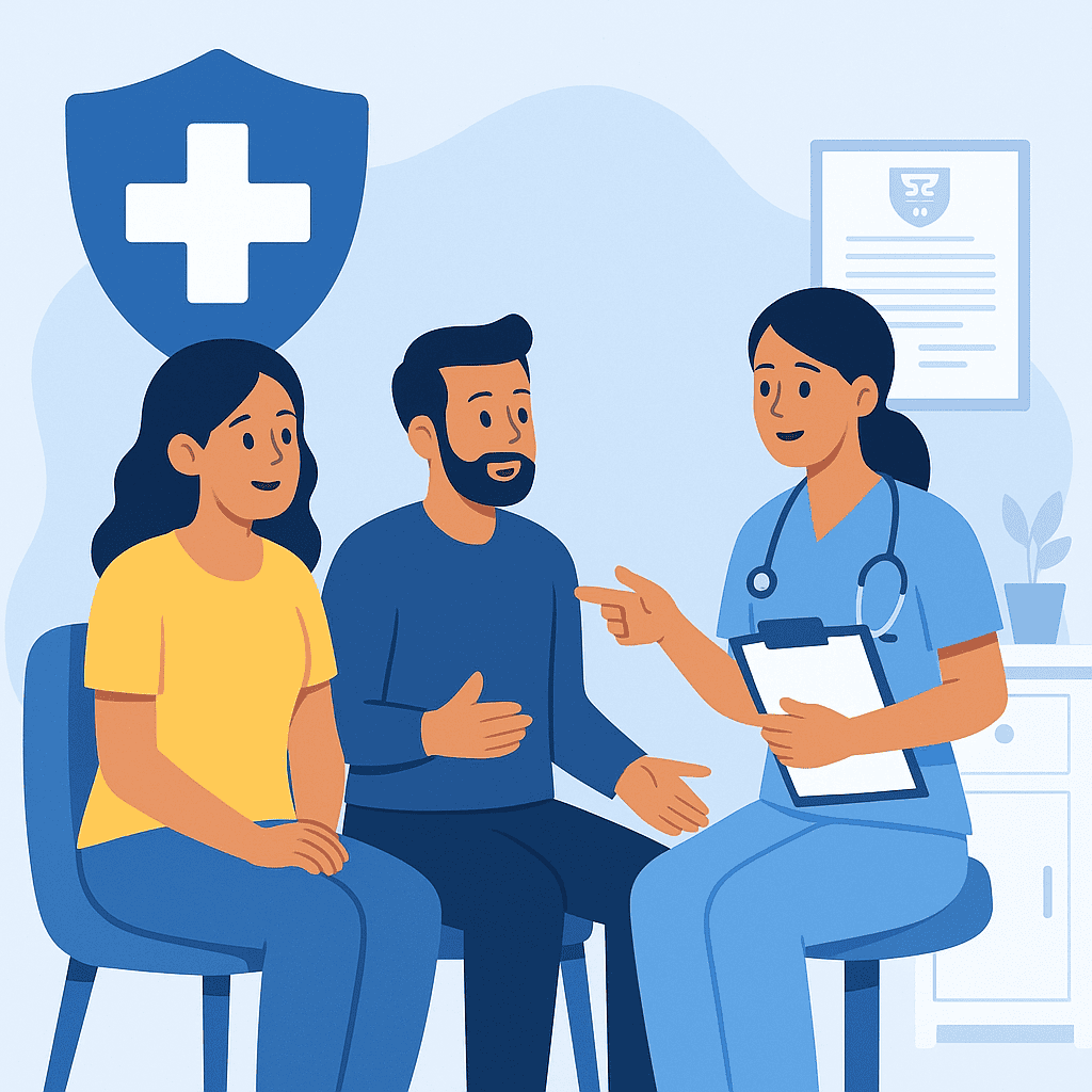 Ilustración de una clínica comunitaria atendiendo a hispanos en Estados Unidos, estilo azul y gris.