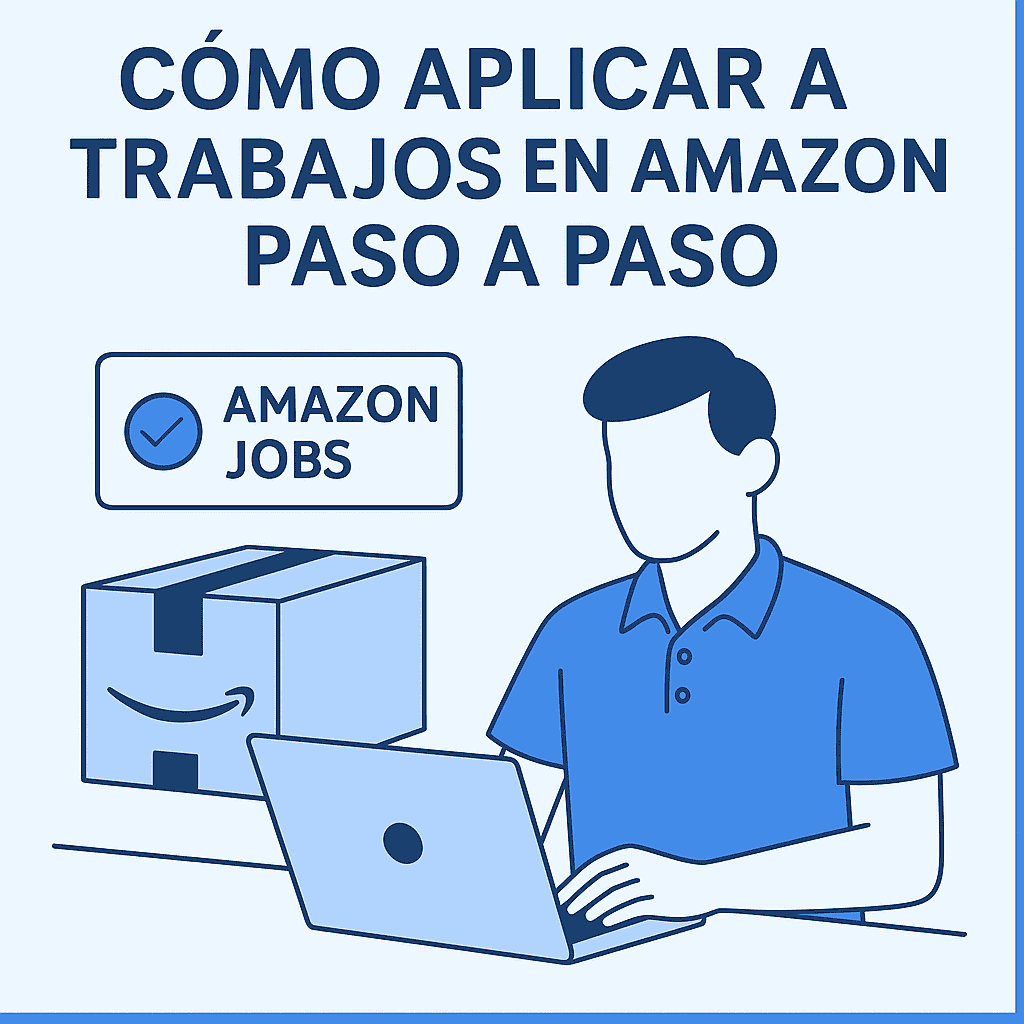 Ilustración en tonos azules mostrando a una persona aplicando a trabajos en Amazon desde una laptop, junto a un ícono de Amazon Jobs y una caja de envío.