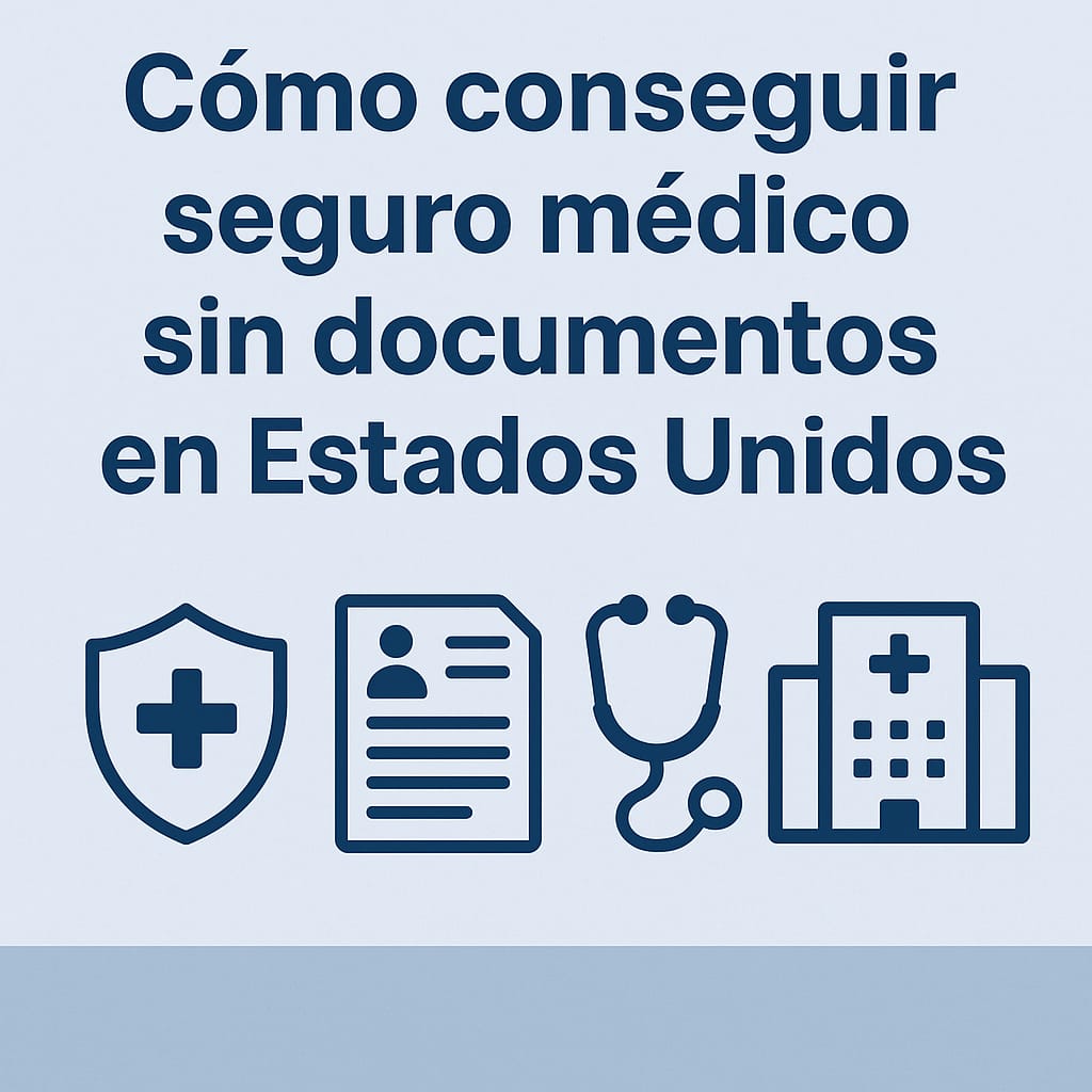 Ilustración en tonos azul y gris con el título “Cómo conseguir seguro médico sin documentos en Estados Unidos” acompañada de iconos médicos como escudo de salud, documento, estetoscopio y hospital.