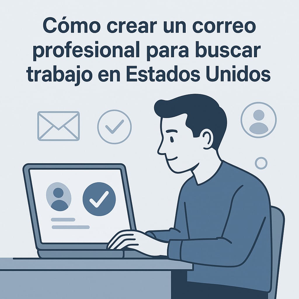 Ilustración en tonos azul y gris de un hombre hispano creando un correo profesional en su laptop para buscar trabajo en Estados Unidos, con iconos de email, verificación y perfil alrededor