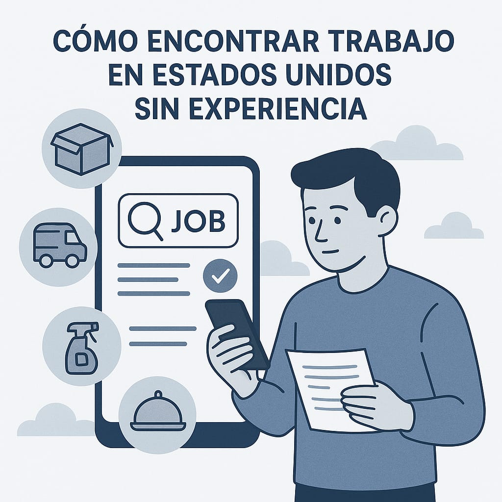 Ilustración en tonos azul y gris de un hispano buscando trabajo sin experiencia en Estados Unidos desde su celular, con iconos de empleo como almacén, limpieza, transporte y restaurante
