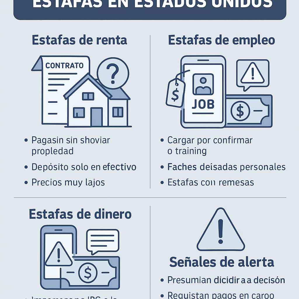 Infografía en tonos azul y gris con iconos de casa, contrato, teléfono, dinero y señal de advertencia, explicando los tipos más comunes de estafas en Estados Unidos: renta, empleo, dinero y señales de alerta.