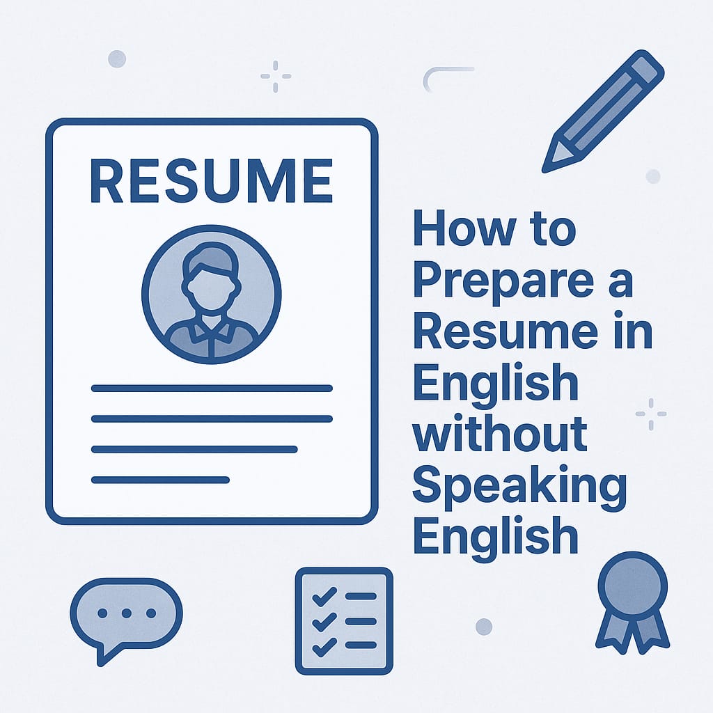 Infografía en tonos azul y gris que muestra un ícono de currículum, un lápiz, un cuadro de diálogo, una lista y una medalla, con el texto “How to Prepare a Resume in English without Speaking English”.