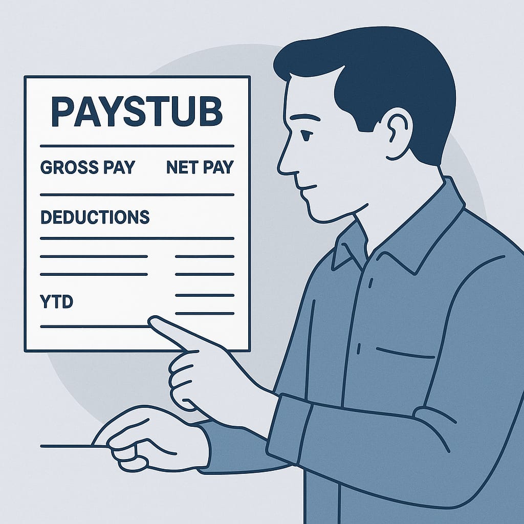 Ilustración minimalista en tonos azul y gris de un trabajador hispano revisando su paystub, señalando secciones como Gross Pay, Net Pay, Deductions y YTD. Diseñada para explicar cómo entender un talón de pago en Estados Unidos.