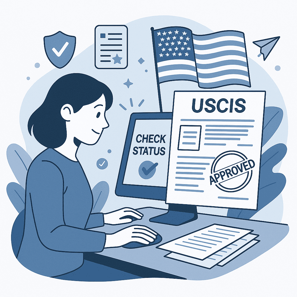 Ilustración de formulario y computadora representando consulta de estatus en USCIS
