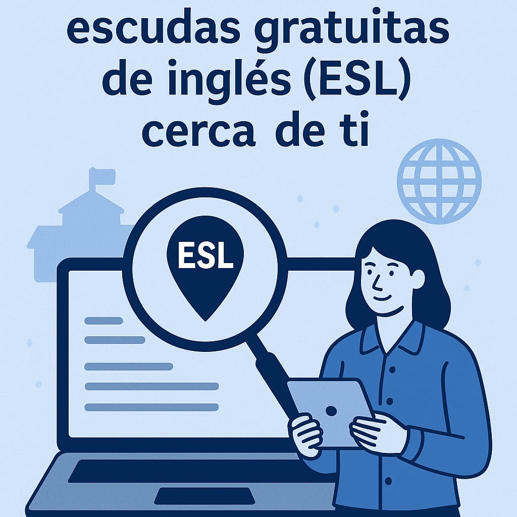 Ilustración en tonos azul y gris que muestra una laptop con un ícono de ubicación marcado “ESL”, acompañado de una persona sosteniendo una tablet, representando la búsqueda de escuelas gratuitas de inglés cerca de ti.