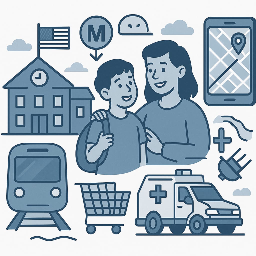 Familia hispana con niño rumbo a la escuela rodeada de iconos de transporte, mapa, compras y servicios públicos en estilo ilustrado azul y gris