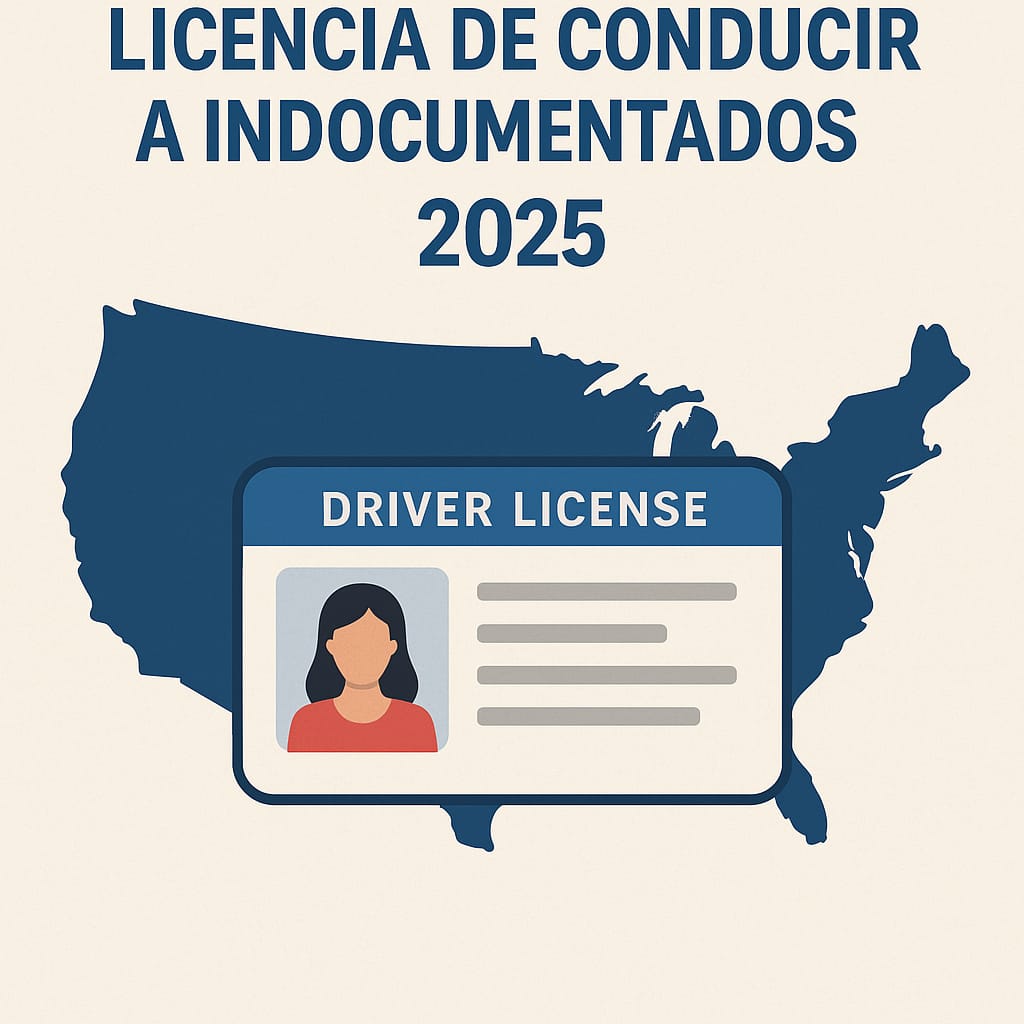 Mapa de Estados Unidos con una identificación de licencia de conducir, representando los estados que permiten licencia a indocumentados en 2025.