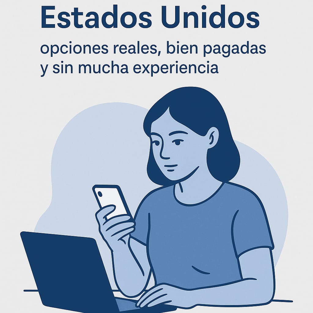 Ilustración minimalista en tonos azul y gris de una mujer hispana usando su teléfono y laptop para buscar trabajos bien pagados en Estados Unidos, destinada al artículo sobre empleos para mujeres hispanas.