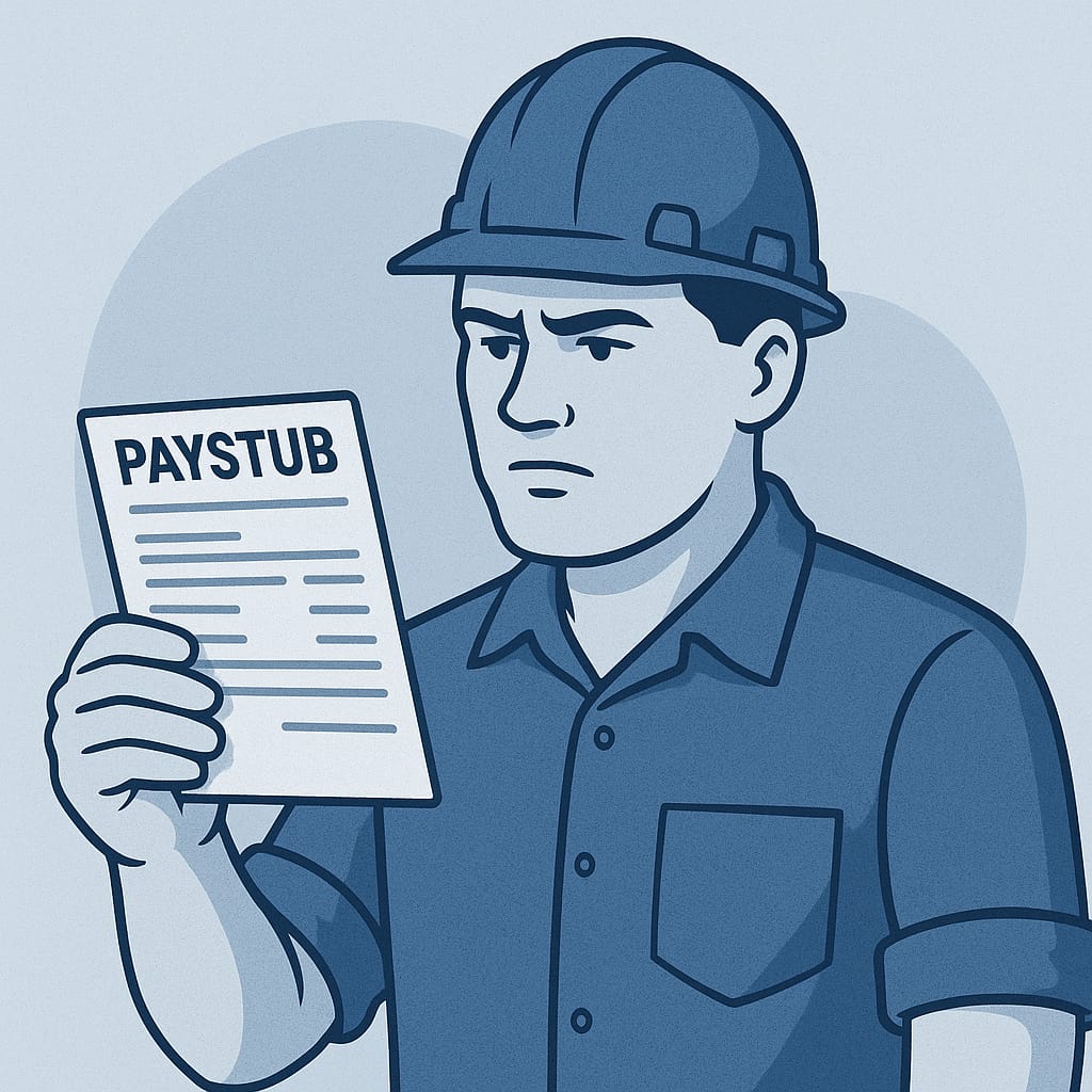 Ilustración minimalista en tonos azul y gris de un obrero hispano con casco de construcción revisando un paystub, representando la falta de recibos de pago o errores en el pago salarial en Estados Unidos.