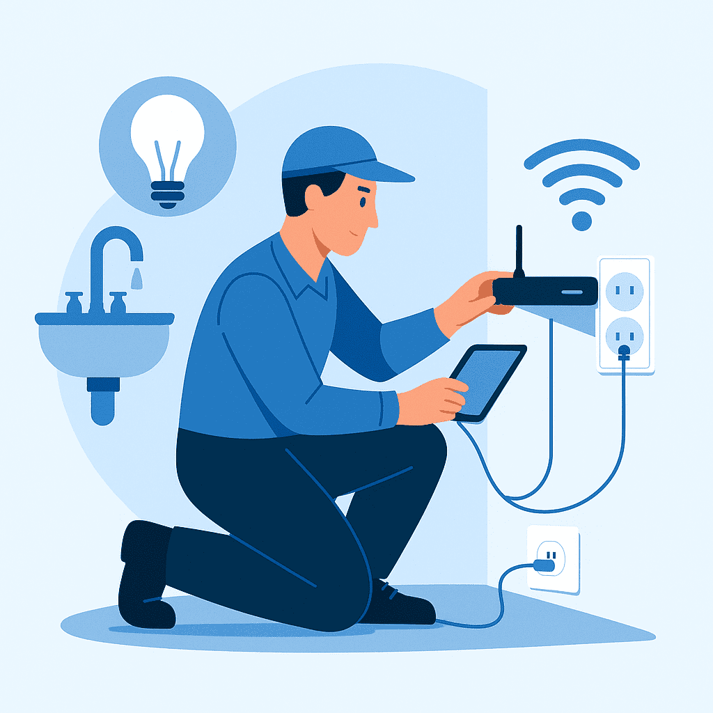 Ilustración de un técnico instalando internet y revisando servicios básicos como luz y agua en una casa.