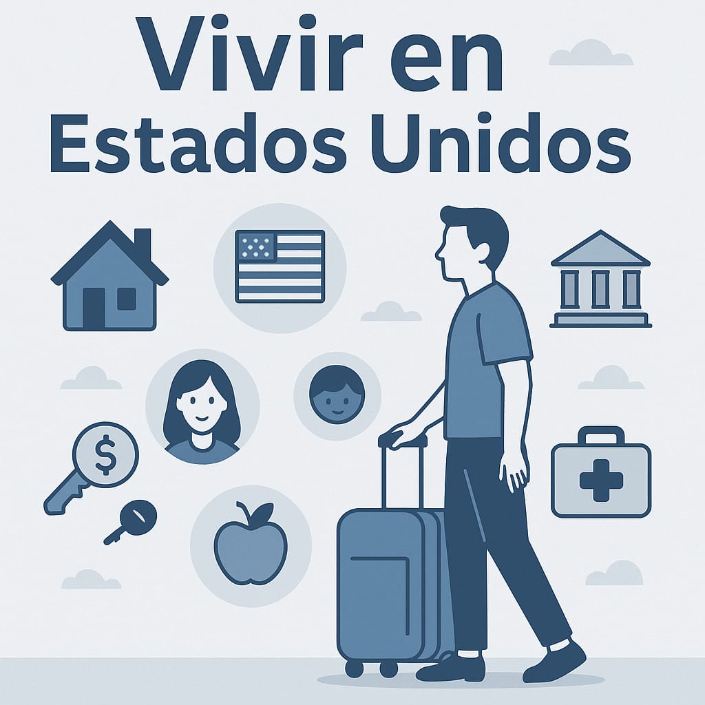 Ilustración en tonos azul y gris con iconos de vivienda, salud, educación, finanzas y vida diaria en Estados Unidos, junto a una persona con maleta representando inmigración y adaptación.