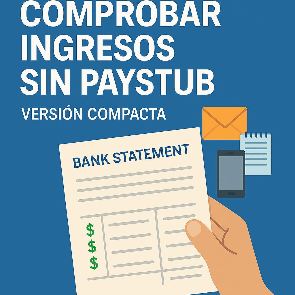 Infografía en español con el título “Cómo comprobar ingresos sin paystub” que muestra un estado de cuenta bancario y elementos que representan comprobantes de ingreso como teléfono, notas y sobres.