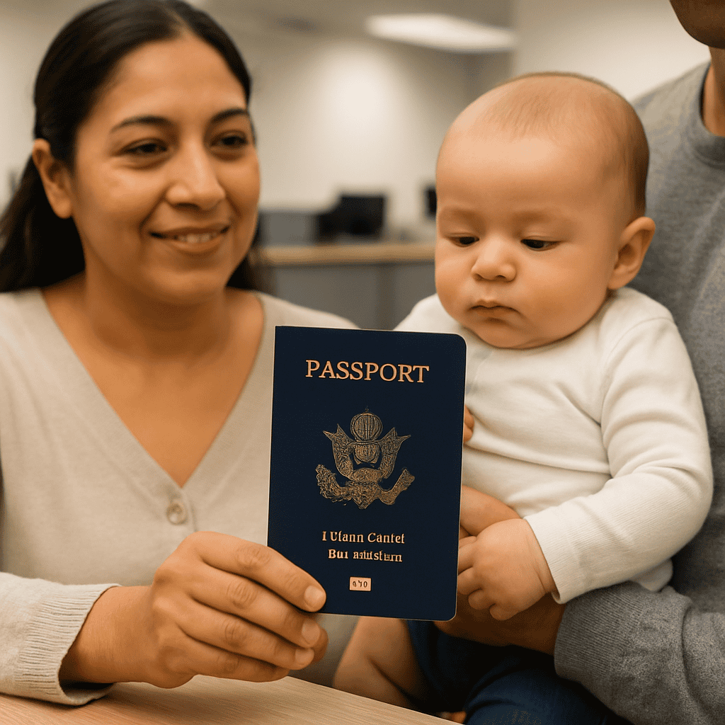 Madre hispana mostrando el pasaporte americano de su bebé en una oficina de trámites en Estados Unidos