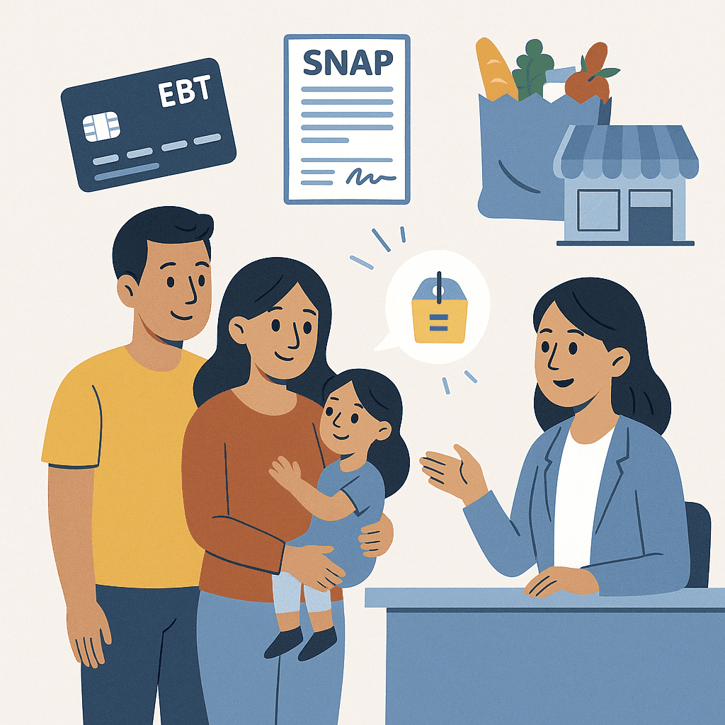 Familia hispana recibiendo orientación sobre cómo solicitar SNAP y usar la tarjeta EBT. Caption: Ilustración sobre el proceso para solicitar SNAP (Food Stamps).