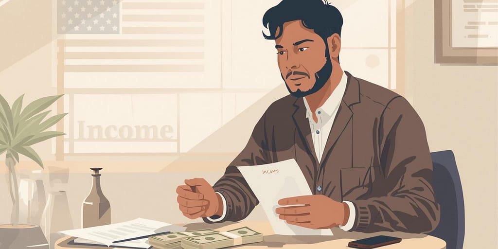 Trabajador hispano revisando ingresos en efectivo y documentos básicos para declarar impuestos en Estados Unidos