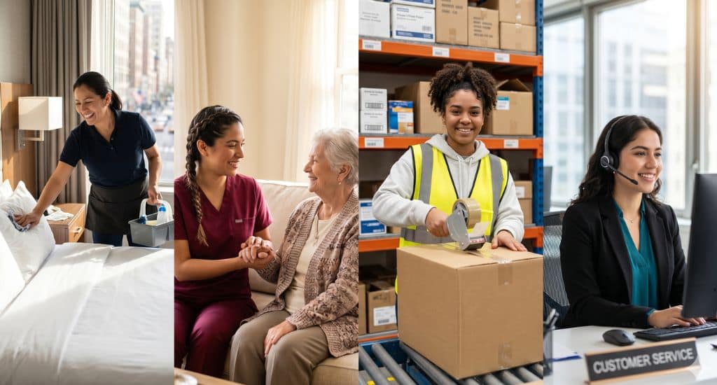 Mujeres hispanas trabajando en Estados Unidos en limpieza, cuidado de adultos, almacén y atención al cliente