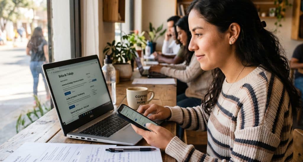 Persona hispana usando Indeed para buscar trabajo en Estados Unidos