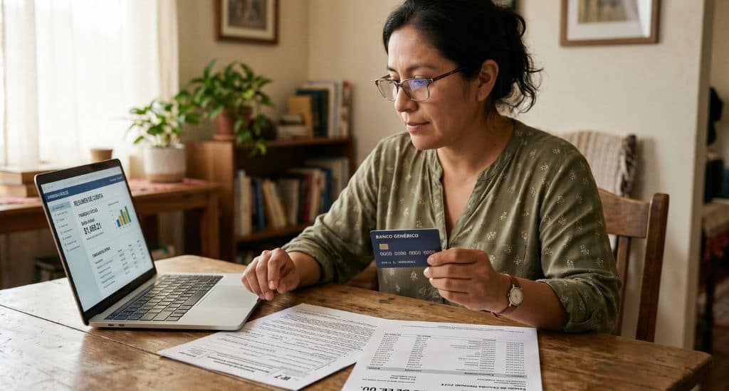 Persona hispana revisando documentos de ITIN y tarjeta de crédito en Estados Unidos