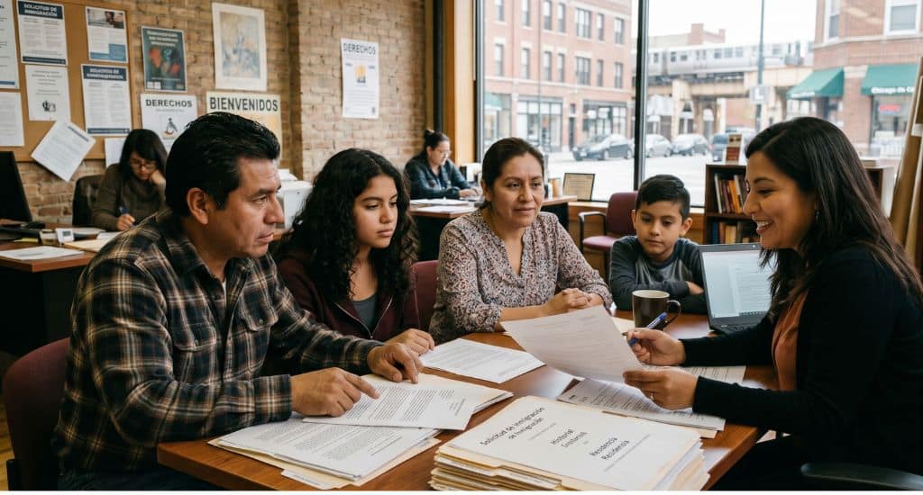 Familia hispana buscando abogados de inmigración gratis en Chicago e Illinois