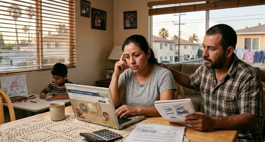 Familia hispana buscando affordable housing en Los Ángeles desde una laptop.