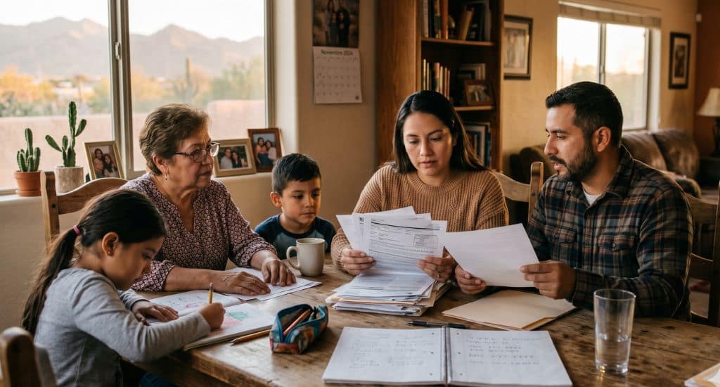Familia inmigrante en Arizona revisando sus derechos ante leyes migratorias locales