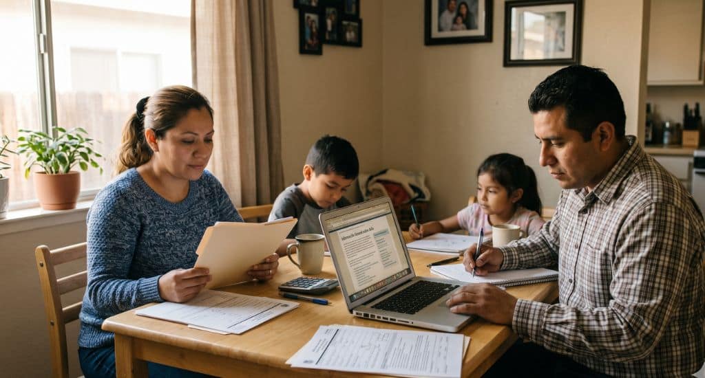 Familia hispana en California revisando documentos para pedir asilo.