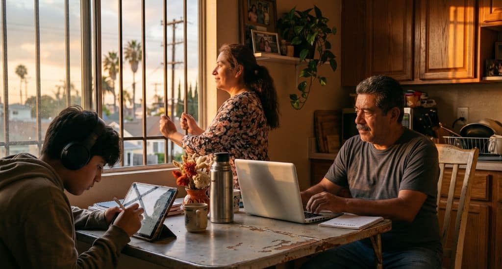 Familia hispana revisando documentos de renta y ayuda de vivienda en California.