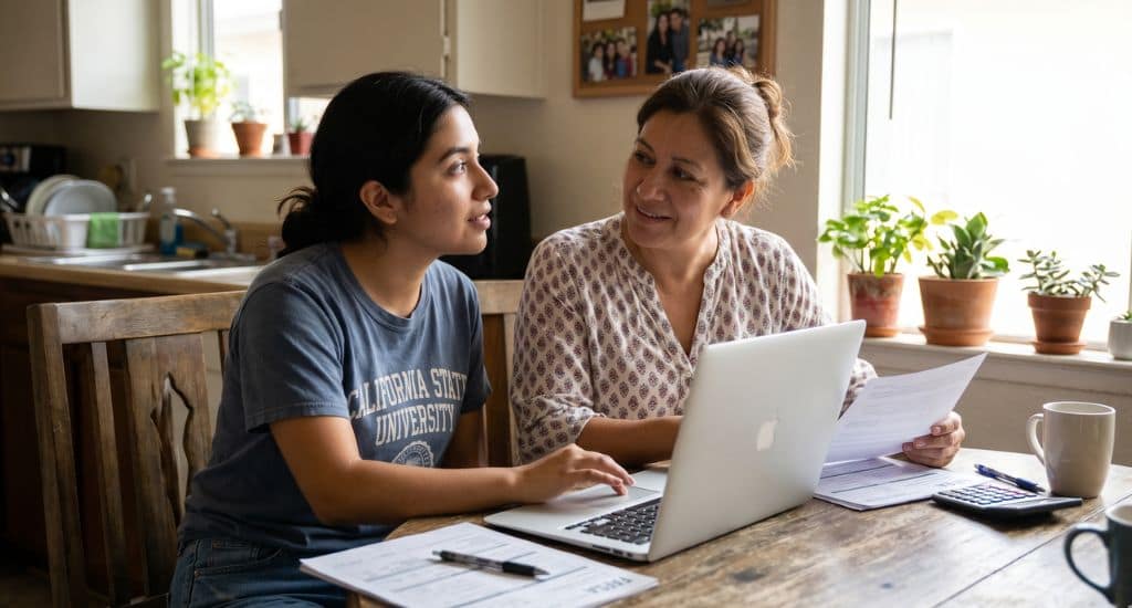 Estudiante hispana revisando Cal Grant en California