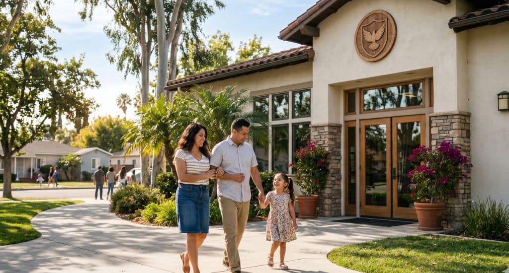 Familia hispana caminando con calma frente a un centro comunitario en California, ambiente de protección y esperanza.