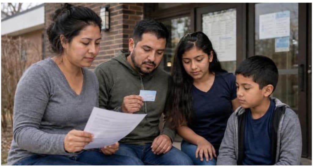 Familia hispana buscando clínicas comunitarias gratuitas en Indiana