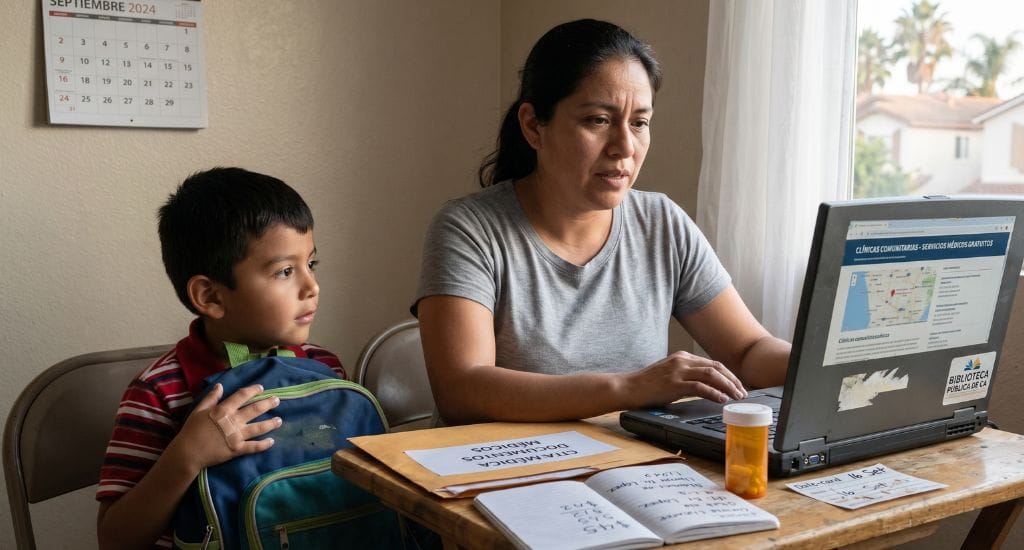 Familia hispana buscando clínicas gratuitas para inmigrantes en California.
