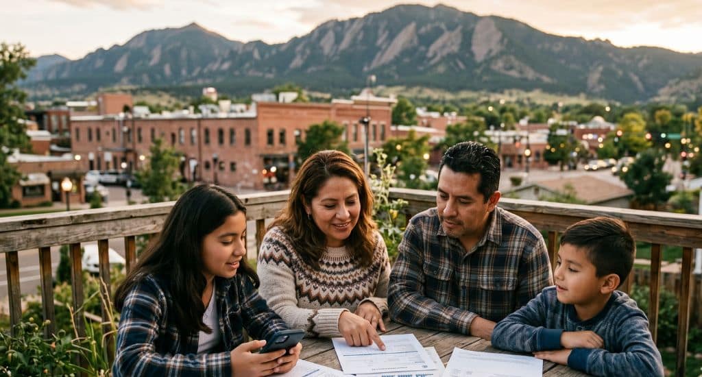 Familia inmigrante hispana en Colorado buscando clínicas gratuitas o de bajo costo