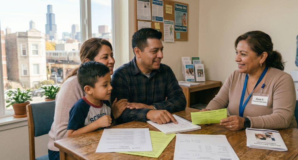 Familia hispana en Chicago recibiendo orientación médica en una clínica comunitaria