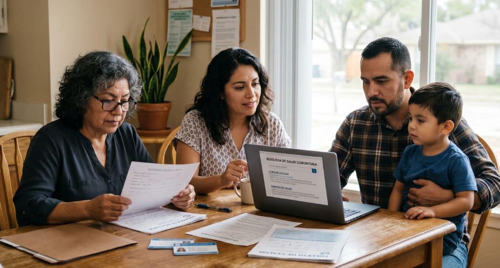 Familia hispana buscando clínicas gratuitas para inmigrantes en Texas con documentos médicos