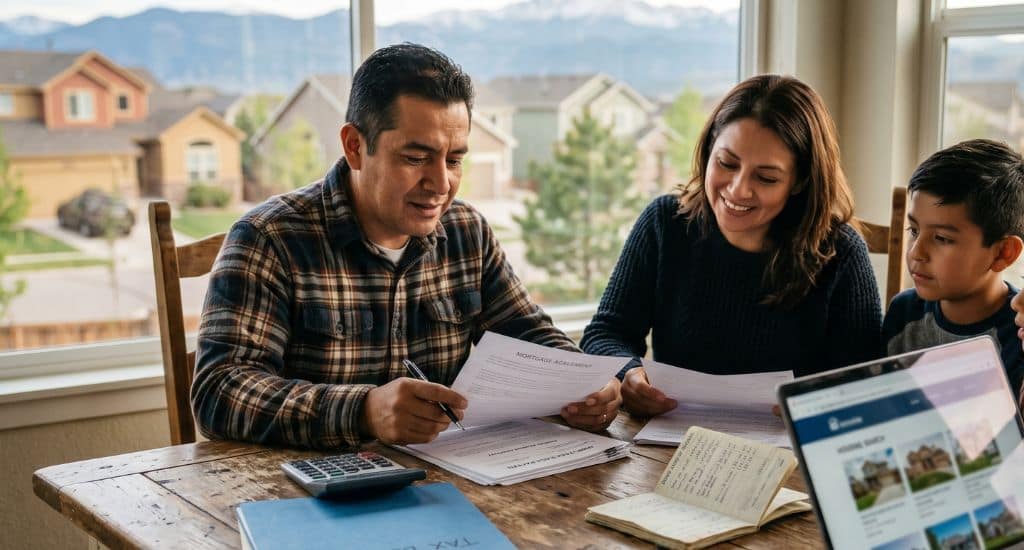 Familia hispana en Colorado revisando documentos para comprar casa con ITIN