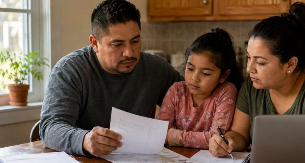Familia hispana calculando el costo de vida en Indiana con recibos y laptop