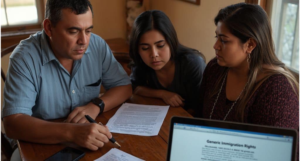Familia hispana revisando información legal sobre derechos al cruzar la frontera en Texas