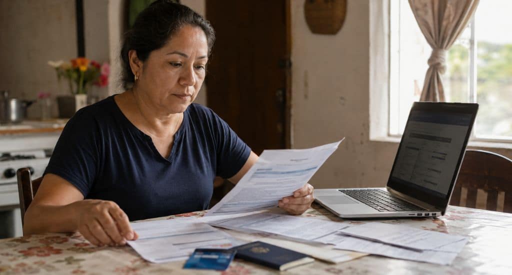 Persona hispana revisando documentos para abrir cuenta bancaria en Indiana sin SSN