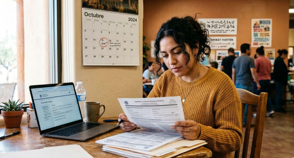 Joven hispano revisando documentos de renovación DACA en Arizona con ayuda comunitaria