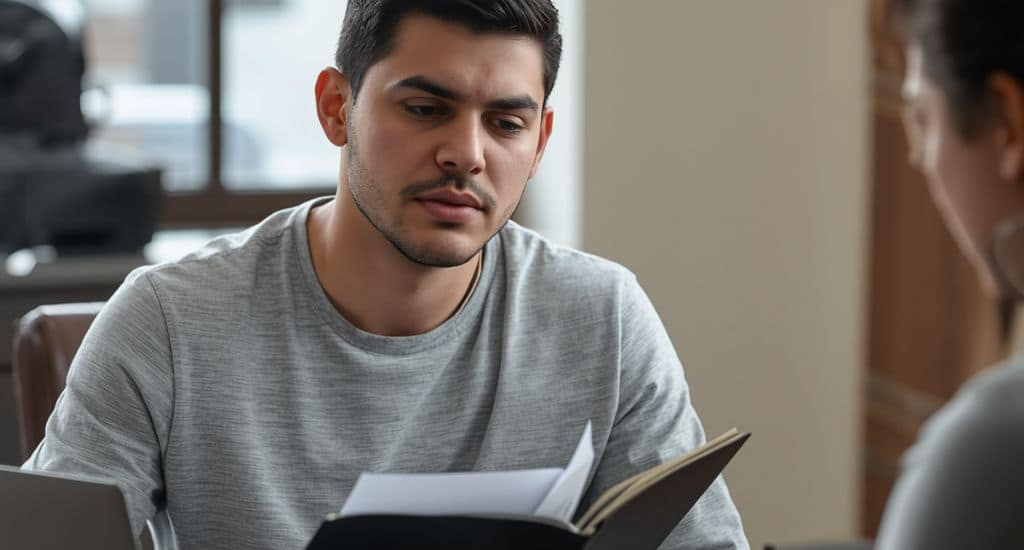 Joven hispano en Illinois revisando documentos de renovación DACA con ayuda legal comunitaria