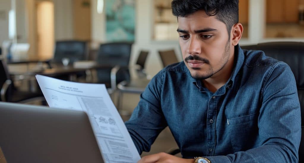 Joven hispano en Texas revisando documentos de DACA y permiso de trabajo para preparar su renovación.