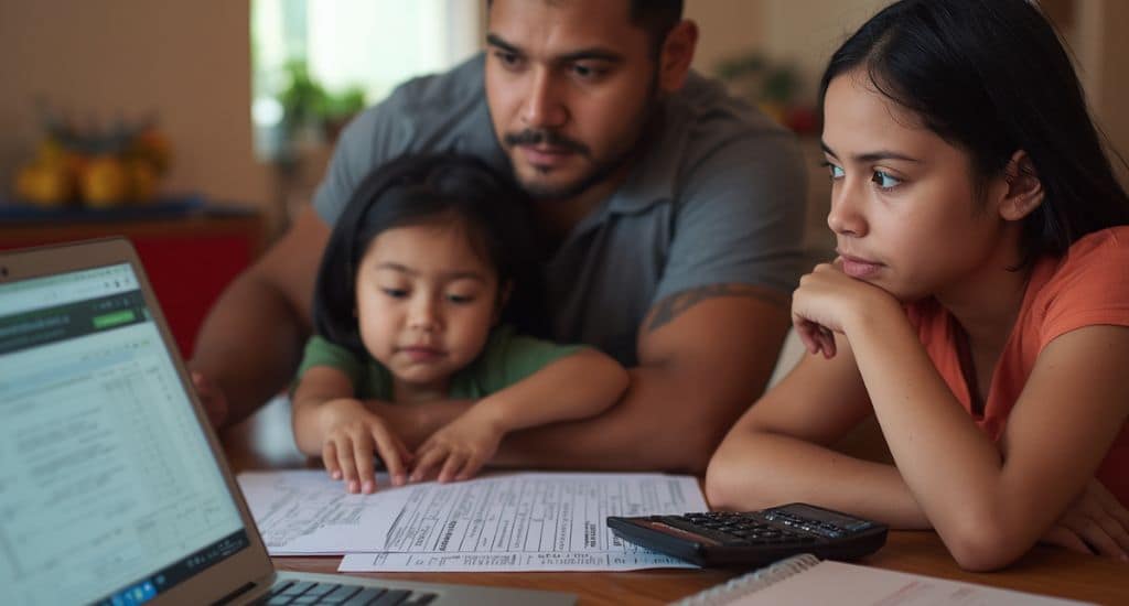 Familia latina en Florida declarando impuestos con ITIN y revisando formularios W-2 y 1099