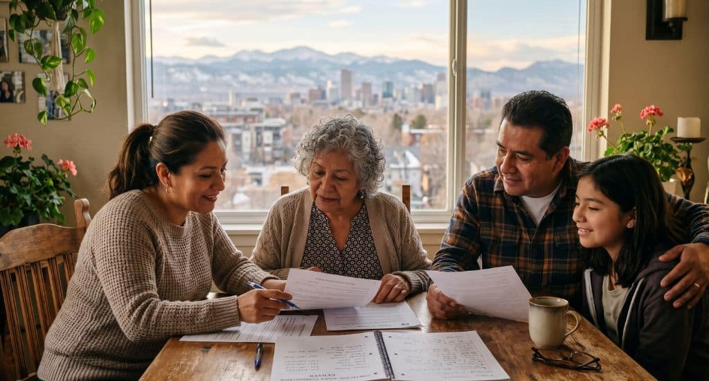 Familia hispana en Denver revisando sus derechos como inmigrantes en una ciudad santuario