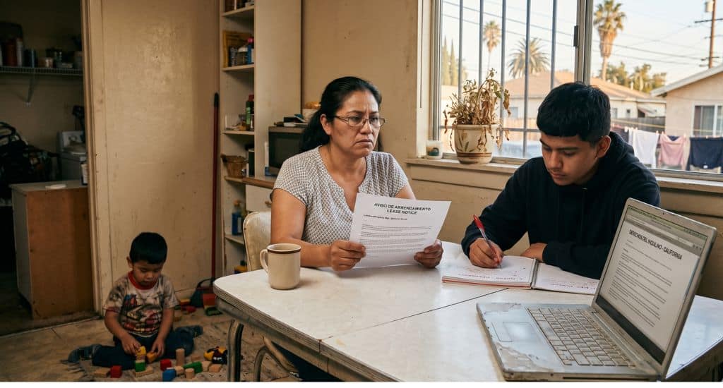 Familia hispana revisando documentos de renta y derechos del inquilino en California.